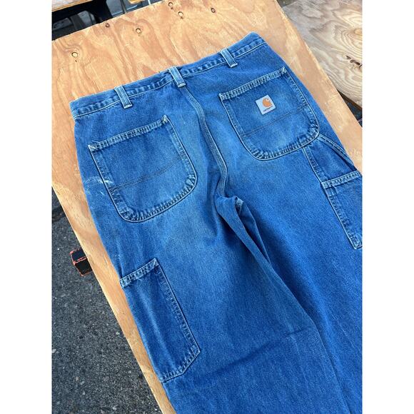 Carhartt Jeans Mens 34x36 Blue Denim Carpenter Utility Work Dungaree distress - Picture 9 of 10